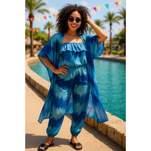 Sweet Pea Size Small Relax Fit Blue Ombre  Piece Resort Set – Kimono, Top, Pant - Picture 12 of 12